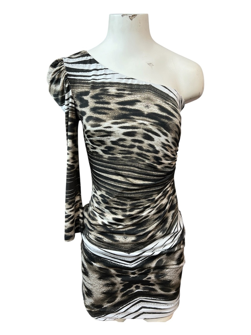 XXI One Shoulder Animal Print Ruched Bodycon Mini Dress Size Medium Y2K